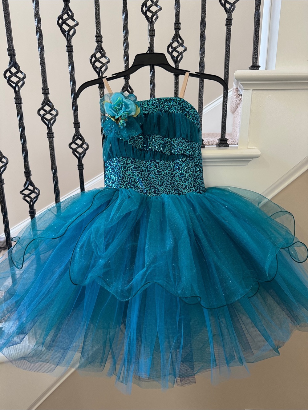 Girls Curtain Call Teal Tulle Sequin Flower Dress
